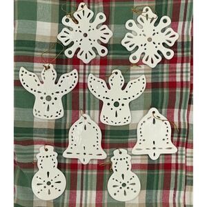 Set of 8 White Ceramic Christmas Ornaments Snowflakes Angels Bells Snowmen